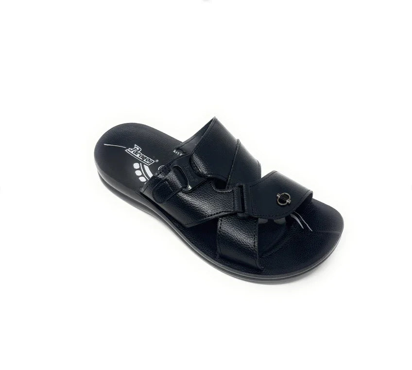 Men’s black slip-on sandal with adjustable straps and open toe design on white background