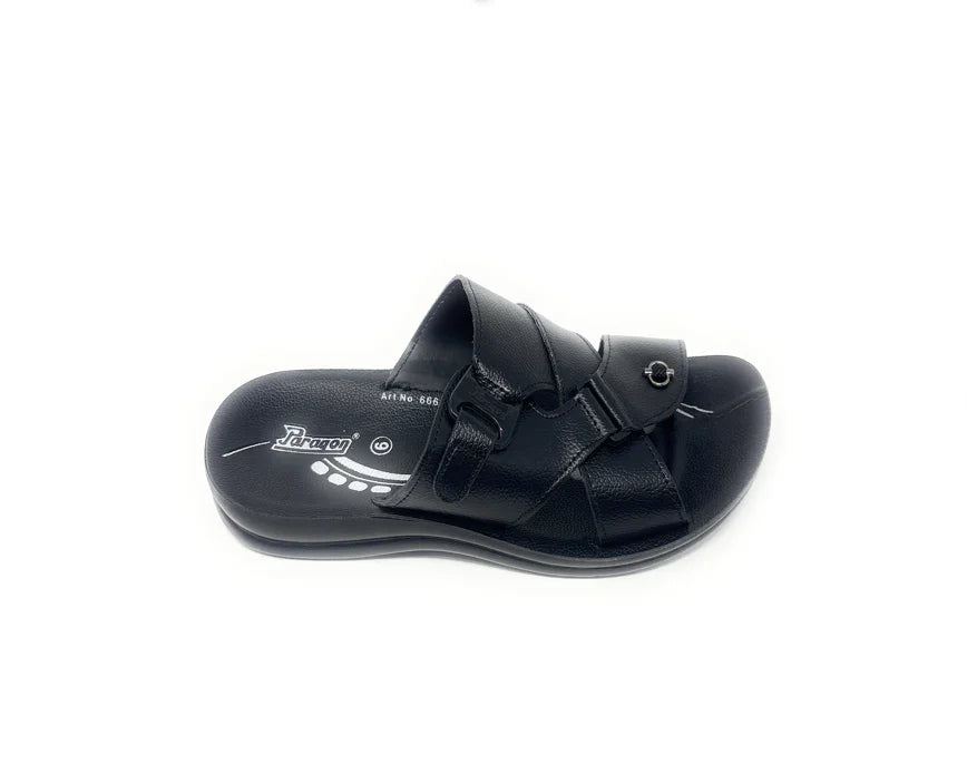 Black slip-on sandal with adjustable straps and cushioned sole on white background