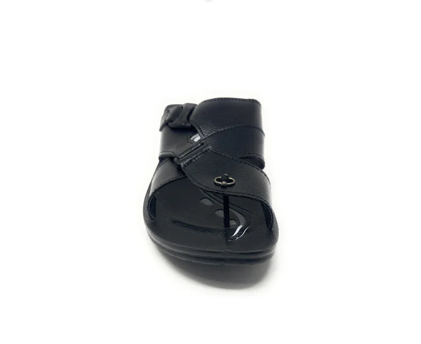 Front view of a black leather sandal with adjustable straps on a white background.