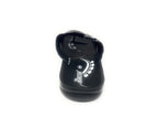Black men's sandal with printed footbed and adjustable strap, shown from rear angle