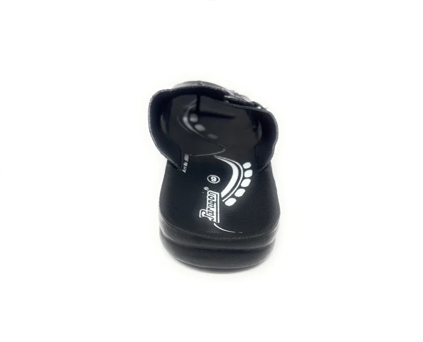 Black men's sandal with printed footbed and adjustable strap, shown from rear angle