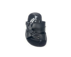 Men's black leather slip-on sandal with crisscross straps and open toe design