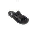 Men's brown slip-on sandal with crisscross leather straps and buckle detail on white background