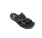 Men's brown slip-on sandal with crisscross leather straps and buckle detail on white background