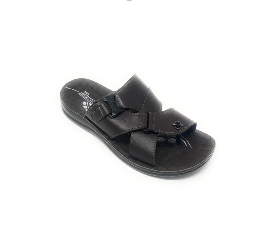 Men's brown slip-on sandal with crisscross leather straps and buckle detail on white background