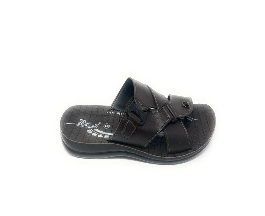 Men's brown slip-on sandal with buckle detail and textured sole, casual comfortable footwear