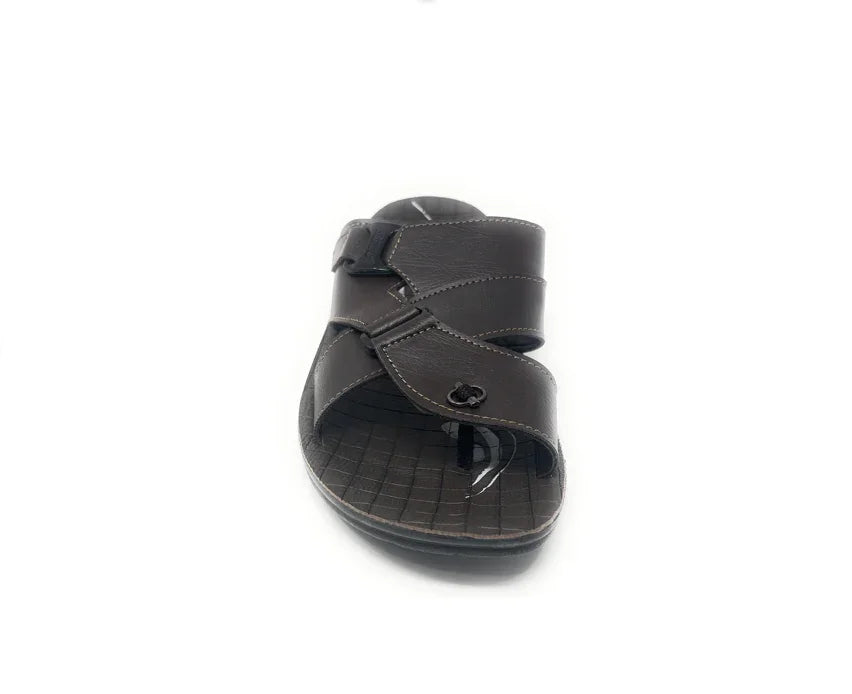 Men’s brown leather sandal with cross-strap design and textured sole on white background