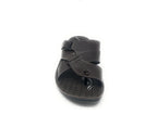 Men’s brown leather sandal with cross-strap design and textured sole on white background