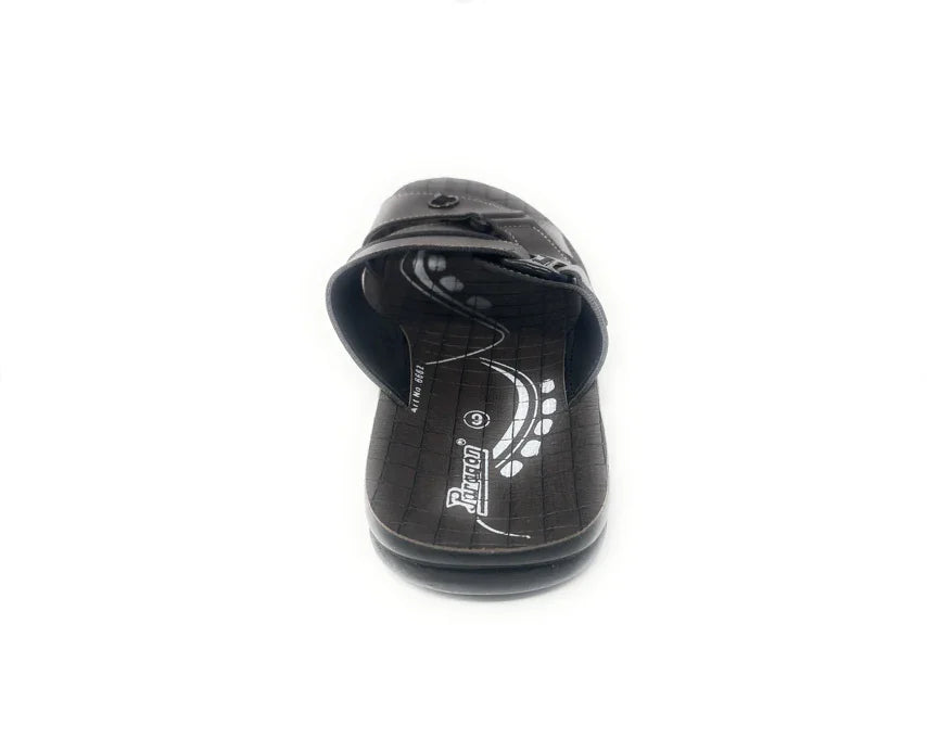 Black slip-on sandal with adjustable strap, printed sole, and open toe design