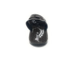 Black slip-on sandal with adjustable strap, printed sole, and open toe design
