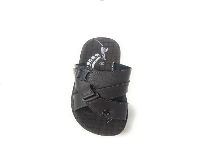 Men's black slip-on sandal with crisscross straps and textured sole on white background