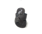 Men's black slip-on sandal with crisscross straps and textured sole on white background