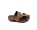 Brown leather men's sandal with toe loop, buckle strap, and stitched details on a white background