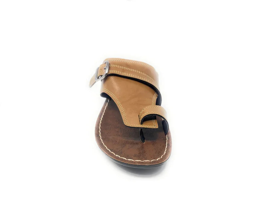 Brown leather toe ring sandal with buckle, open toe traditional footwear on white background