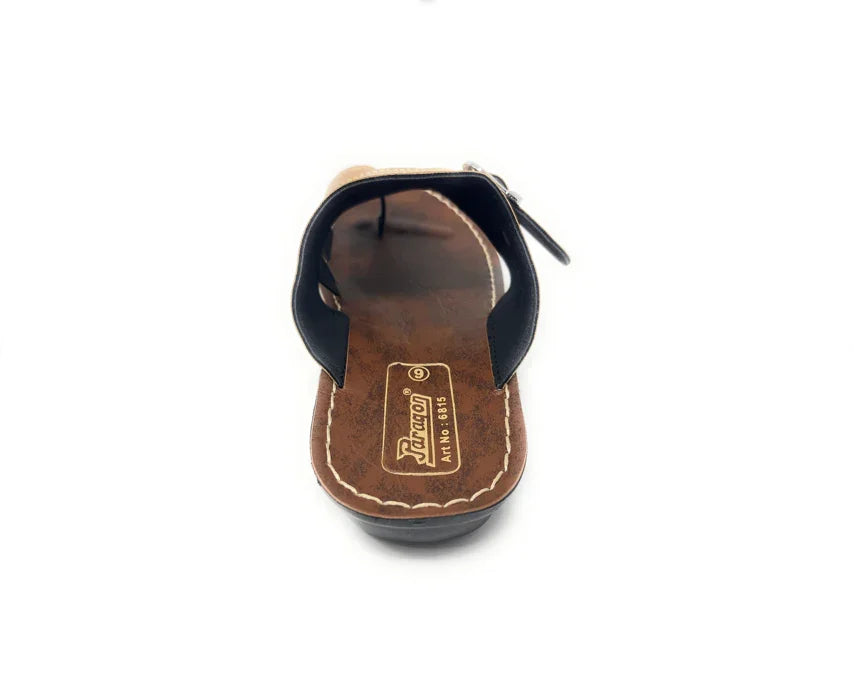 Brown and black open-toe sandal for men with stitched sole, viewed from the back