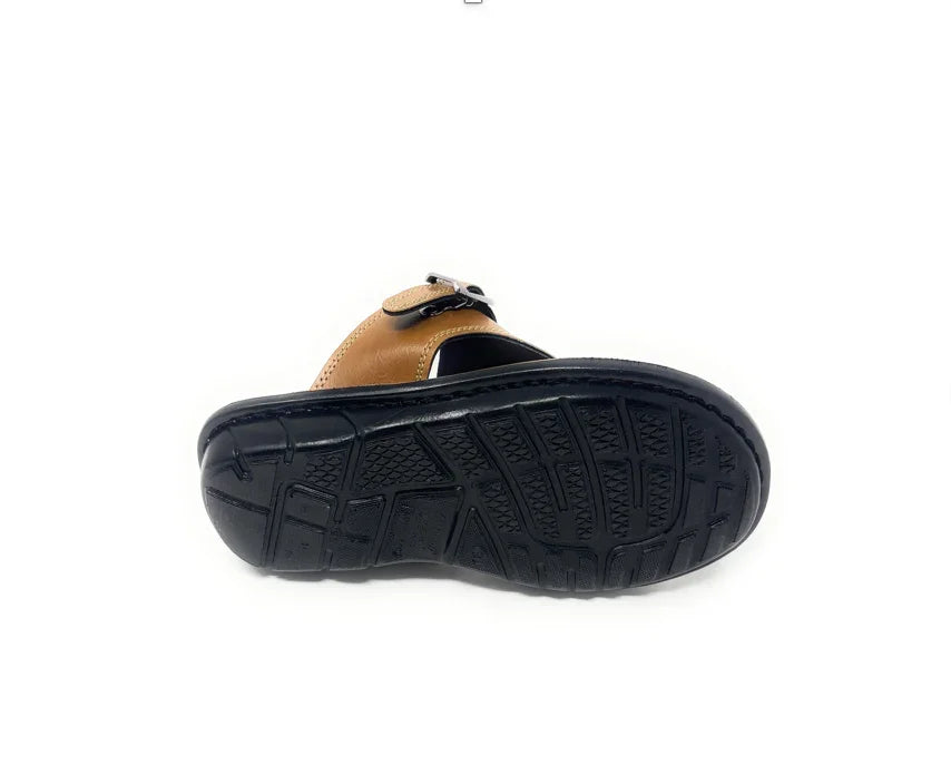 Brown sandal with black rubber sole and buckle, shown from bottom view on white background.