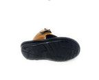 Brown sandal with black rubber sole and buckle, shown from bottom view on white background.