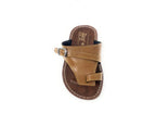 Brown leather slip-on sandal with buckle, open toe, and white stitching for men