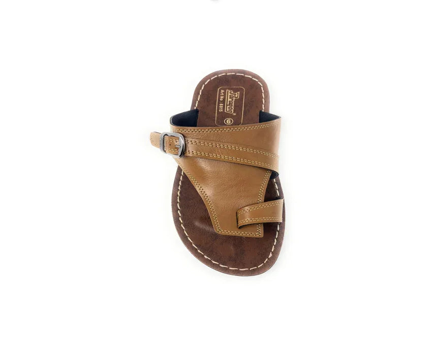 Brown leather slip-on sandal with buckle, open toe, and white stitching for men