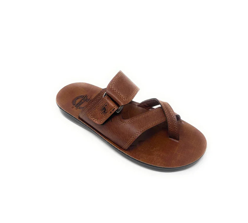 Brown men’s leather sandal with adjustable straps and open toe on white background