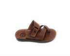 Men's brown leather sandal with buckle and open toe on white background