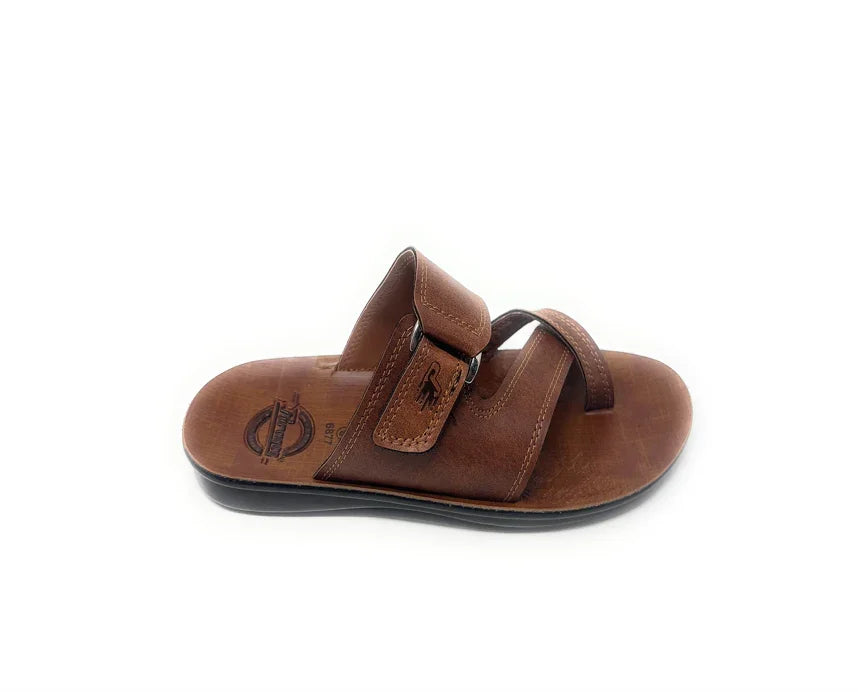 Men's brown leather sandal with buckle and open toe on white background