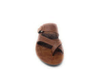 Brown leather sandal with open toe and adjustable strap on white background