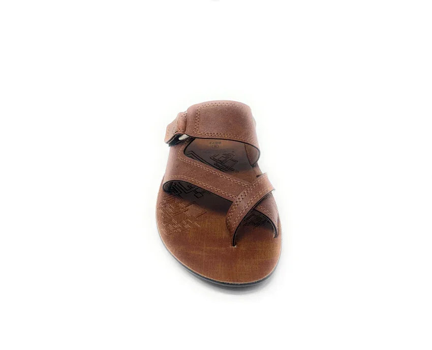 Brown leather sandal with open toe and adjustable strap on white background