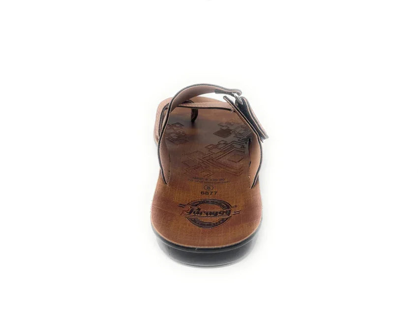 Brown men's sandal with buckle and toe loop on white background