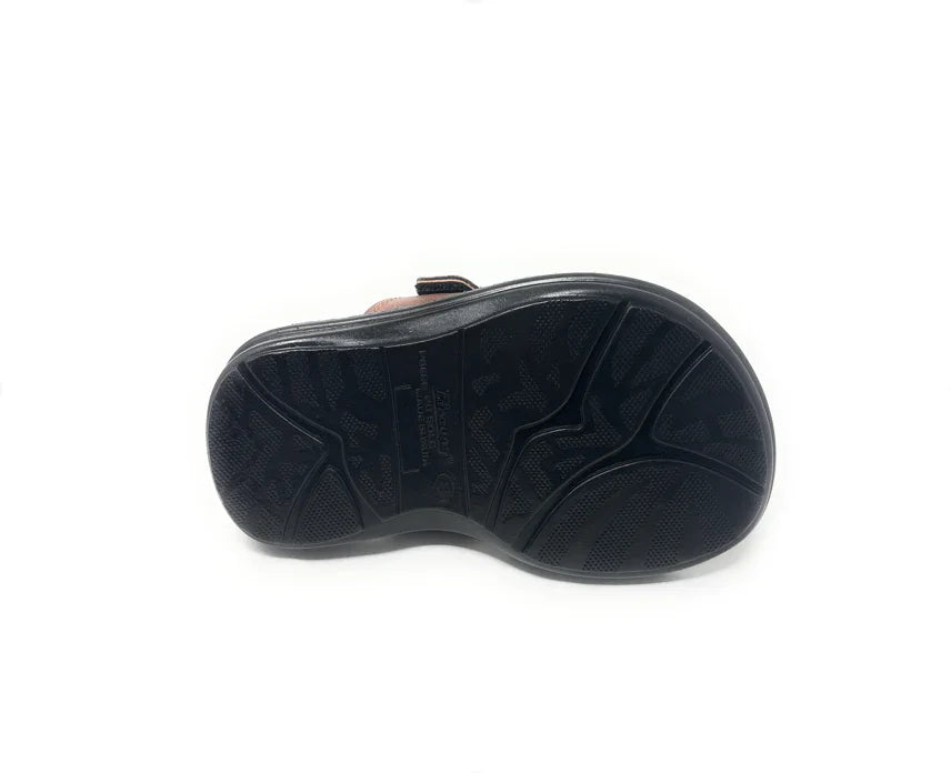 Black textured sandal sole with non-slip tread, isolated on white background