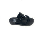 Black men's slide sandal with adjustable straps and logo on footbed, fashion footwear