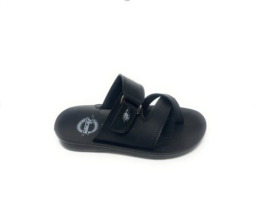 Black men's slide sandal with adjustable straps and logo on footbed, fashion footwear