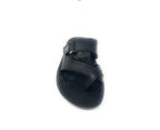 Black open-toe sandal with adjustable strap on white background