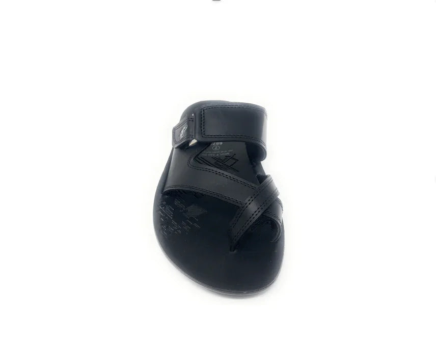 Black open-toe sandal with adjustable strap on white background