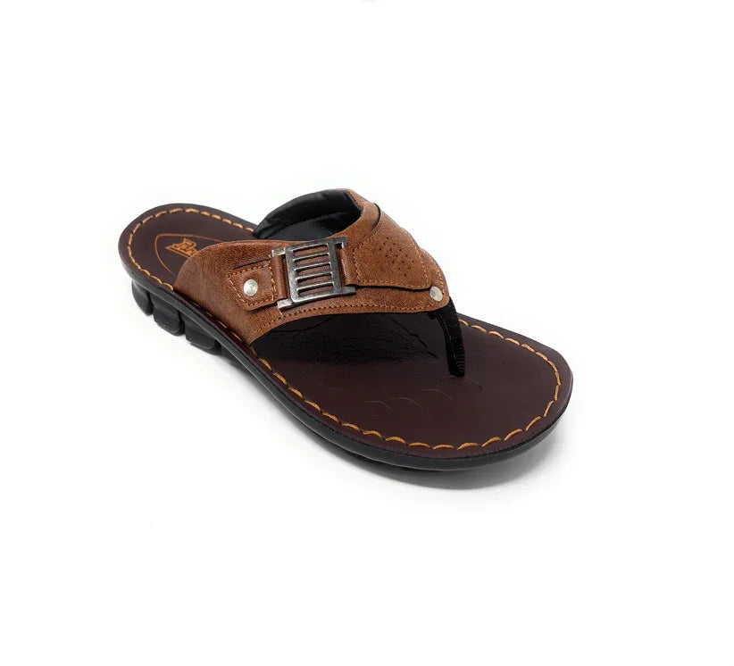 Men's brown leather thong sandal with buckle detail and black sole