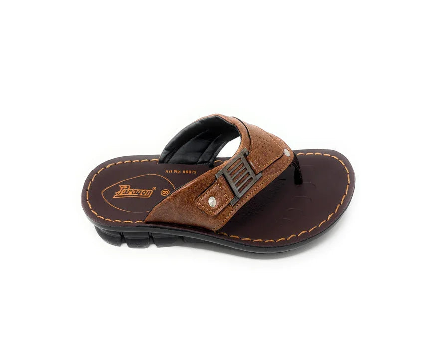 Brown men's slip-on sandal with buckle detail and stitched sole on white background