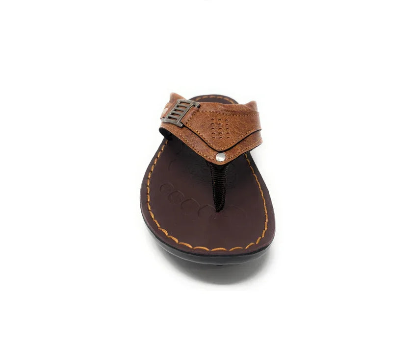 Brown leather thong sandal with stitching and metal detailing, stylish men's footwear