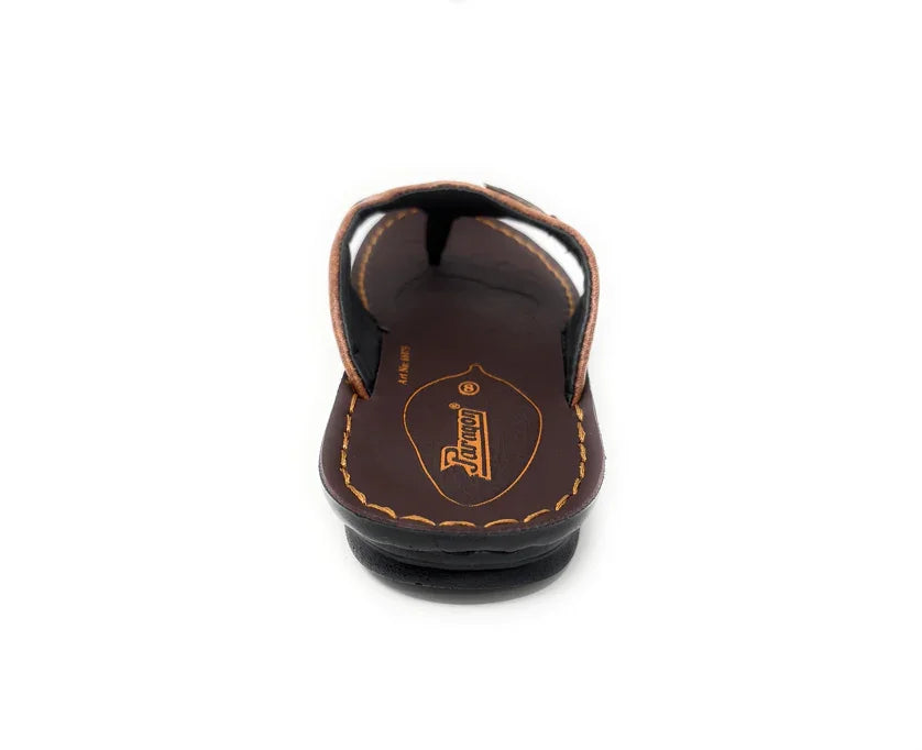 Brown leather men's sandal with stitched sole, seen from the back on white background