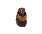Top view of a brown men's leather sandal with stitched sole and metal accent