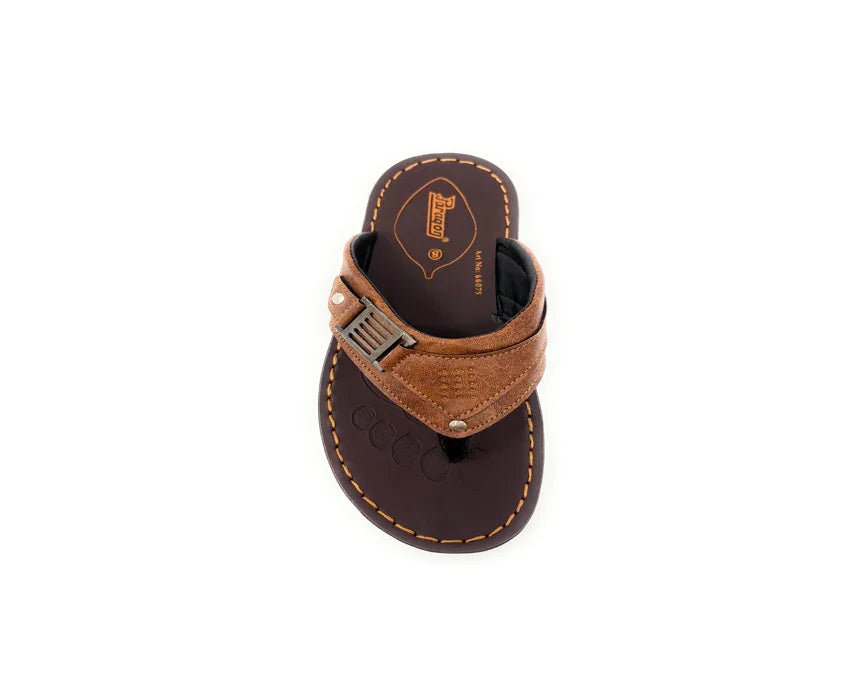 Top view of a brown men's leather sandal with stitched sole and metal accent