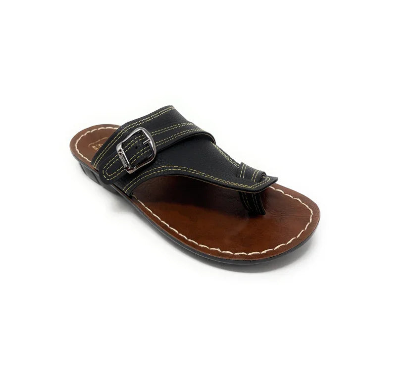Black leather thong sandal with buckle, brown sole, contrast stitching, men's footwear