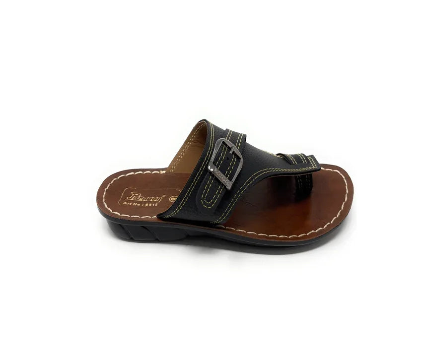 Men's black leather slide sandal with buckle and contrast stitching on brown sole