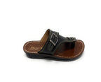 Men's black leather slide sandal with buckle and contrast stitching on brown sole