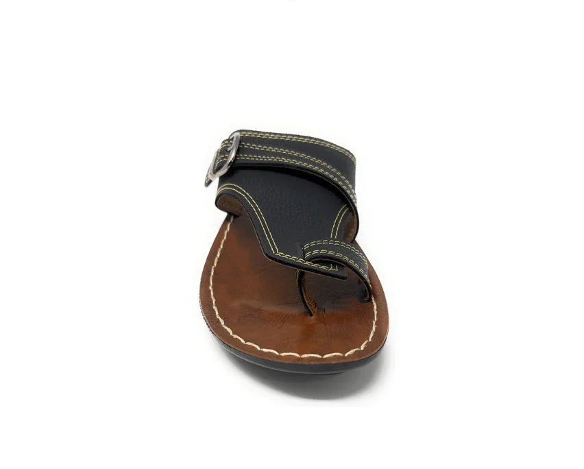 Brown and black leather sandal with buckle and contrast stitching on white background