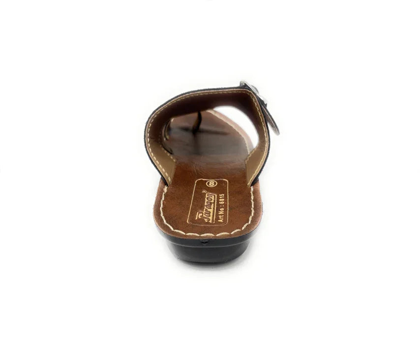 Back view of brown leather flat sandal with stitched sole on white background