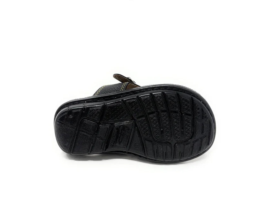Black sandal with textured rubber sole, durable grip design, isolated on white background