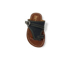 Men's brown and black thong sandal with buckle, contrast stitching, slip-on style
