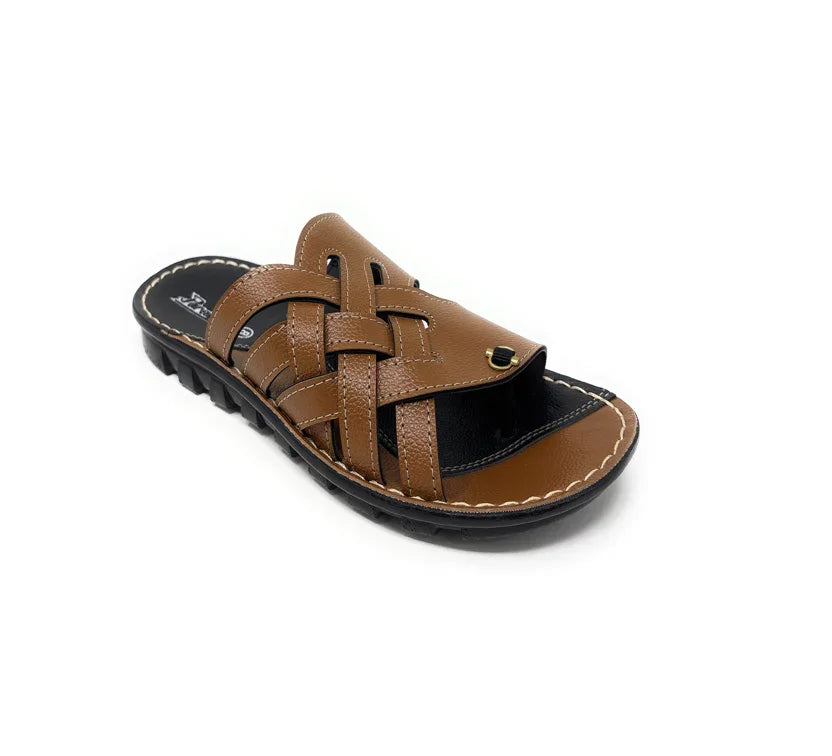 Brown men’s slip-on sandal with woven leather upper and black sole on white background