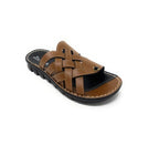 Brown men’s slip-on sandal with woven leather upper and black sole on white background