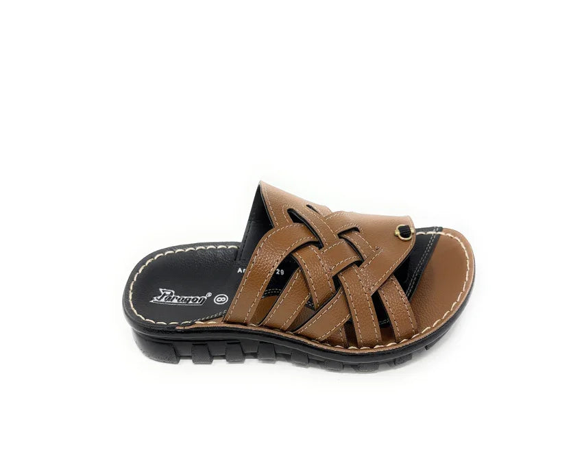 Men's brown slip-on sandal with black sole and woven leather straps